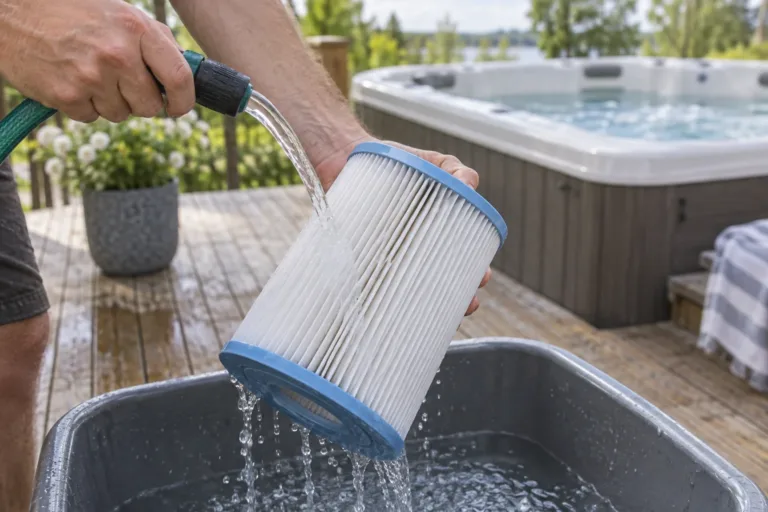Ett veckat spafilter sköljs med en mjuk vattenstråle från en trädgårdsslang.