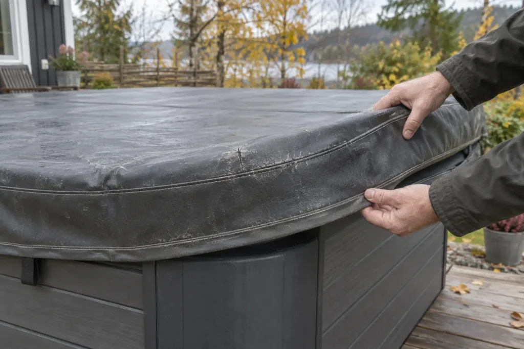 Händer lyfter försiktigt kanten på ett slitet grått spalock för att kontrollera sömmen.