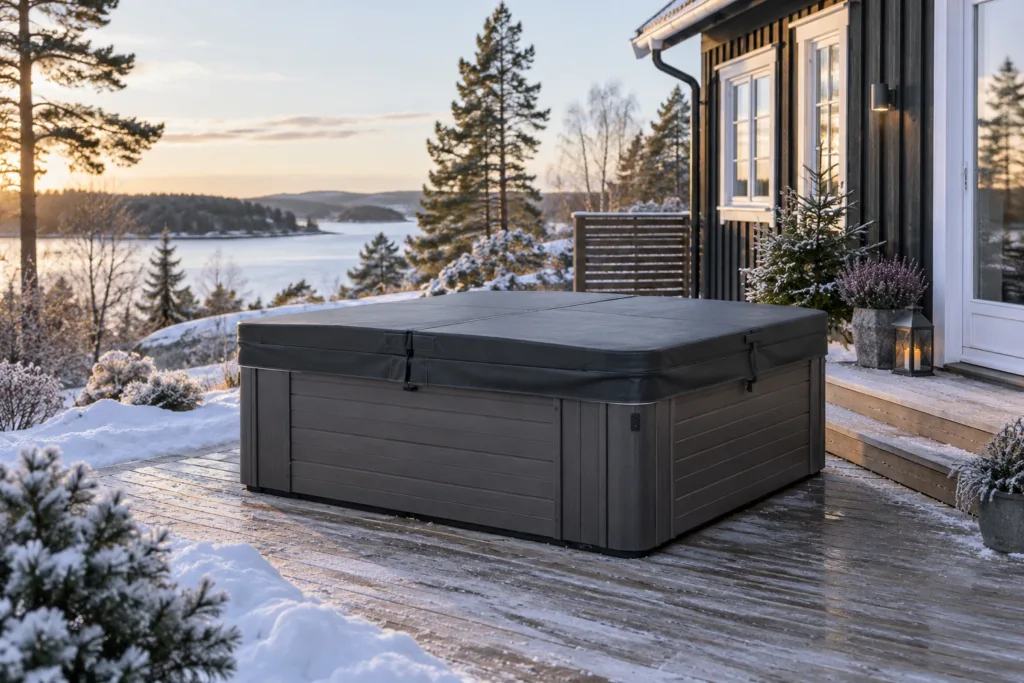 Spabad med stängt mörkt lock på en skottad altan vid ett snötäckt fritidshus.