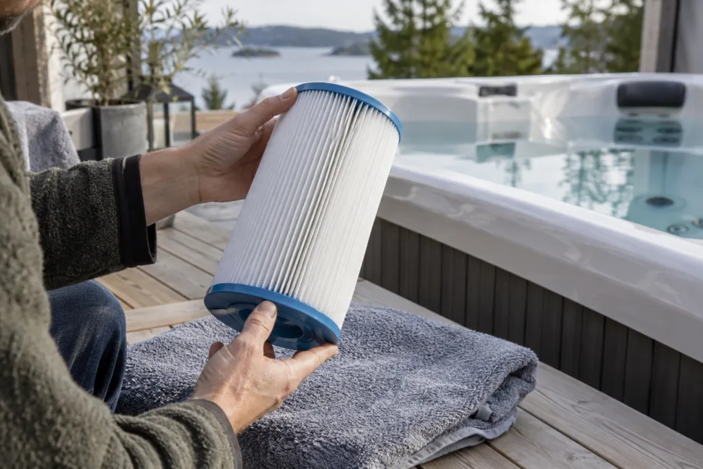 Händer som kontrollerar en uttagen filterpatron vid kanten av ett spabad.