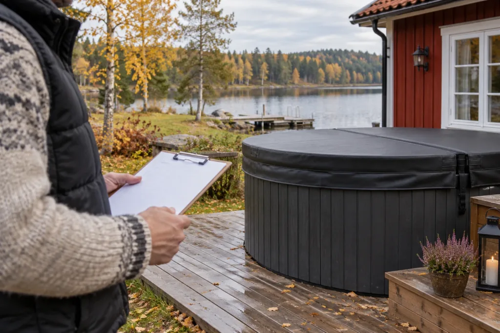 En person med checklista kontrollerar ett täckt spabad vid ett rött fritidshus.